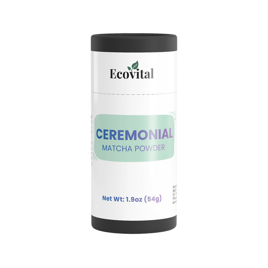 Tub of Ecovital ceremonial matcha powder on a white background