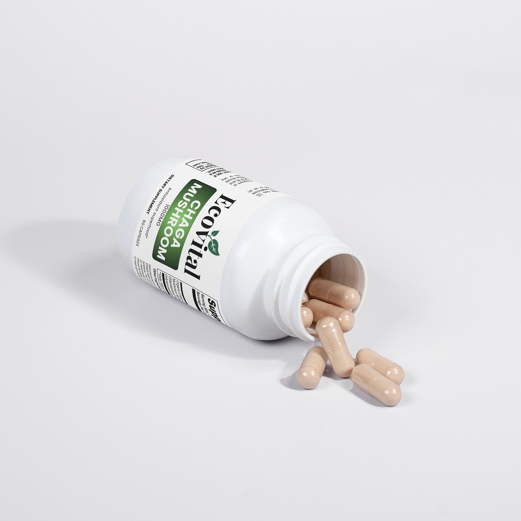 Open bottle of Eco-Vital multivitamins with pills spilling out on a white background