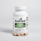 Supplement bottle labeled 'Ecovital Chaga Mushroom' on a light gray background