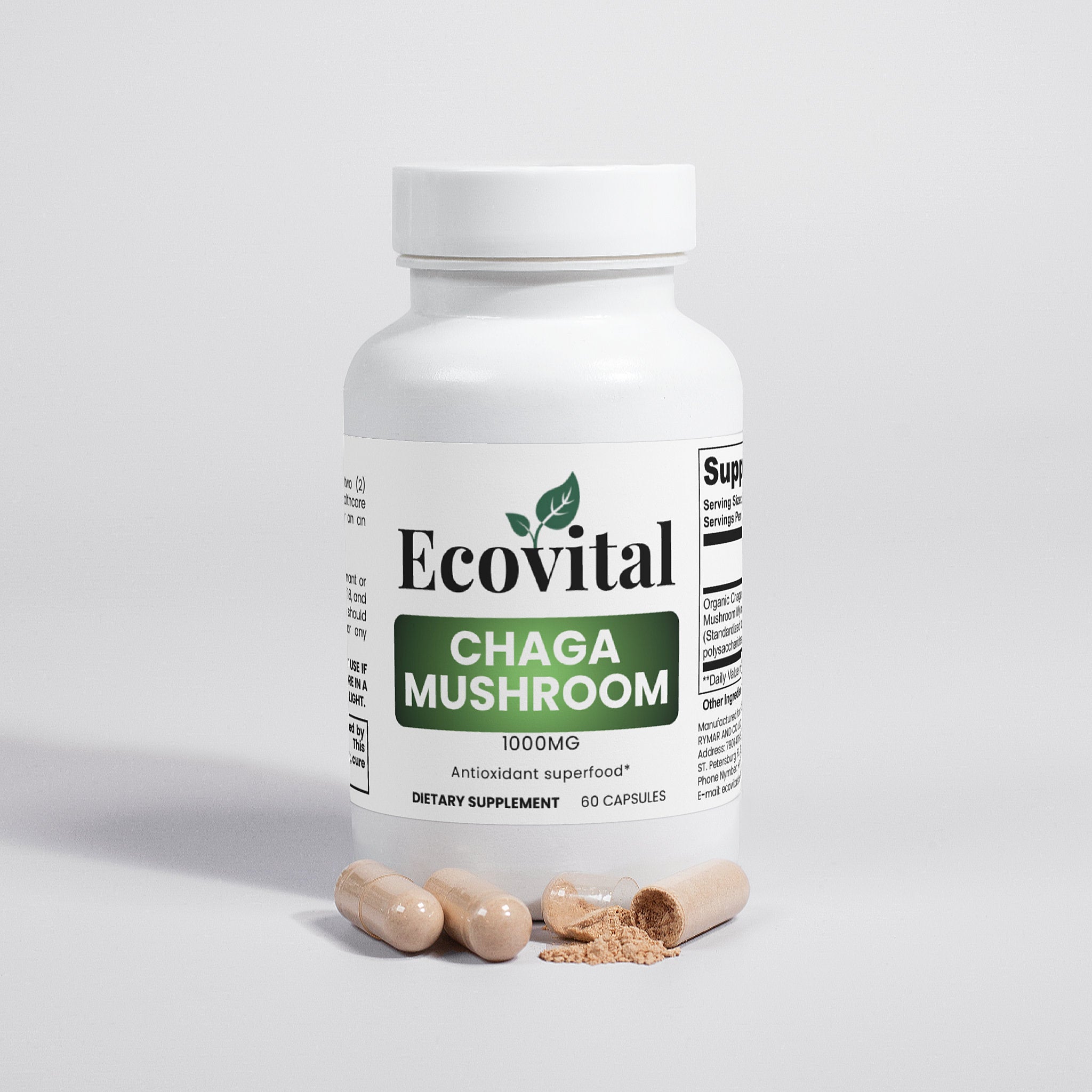 Supplement bottle labeled 'Ecovital Chaga Mushroom' on a light gray background