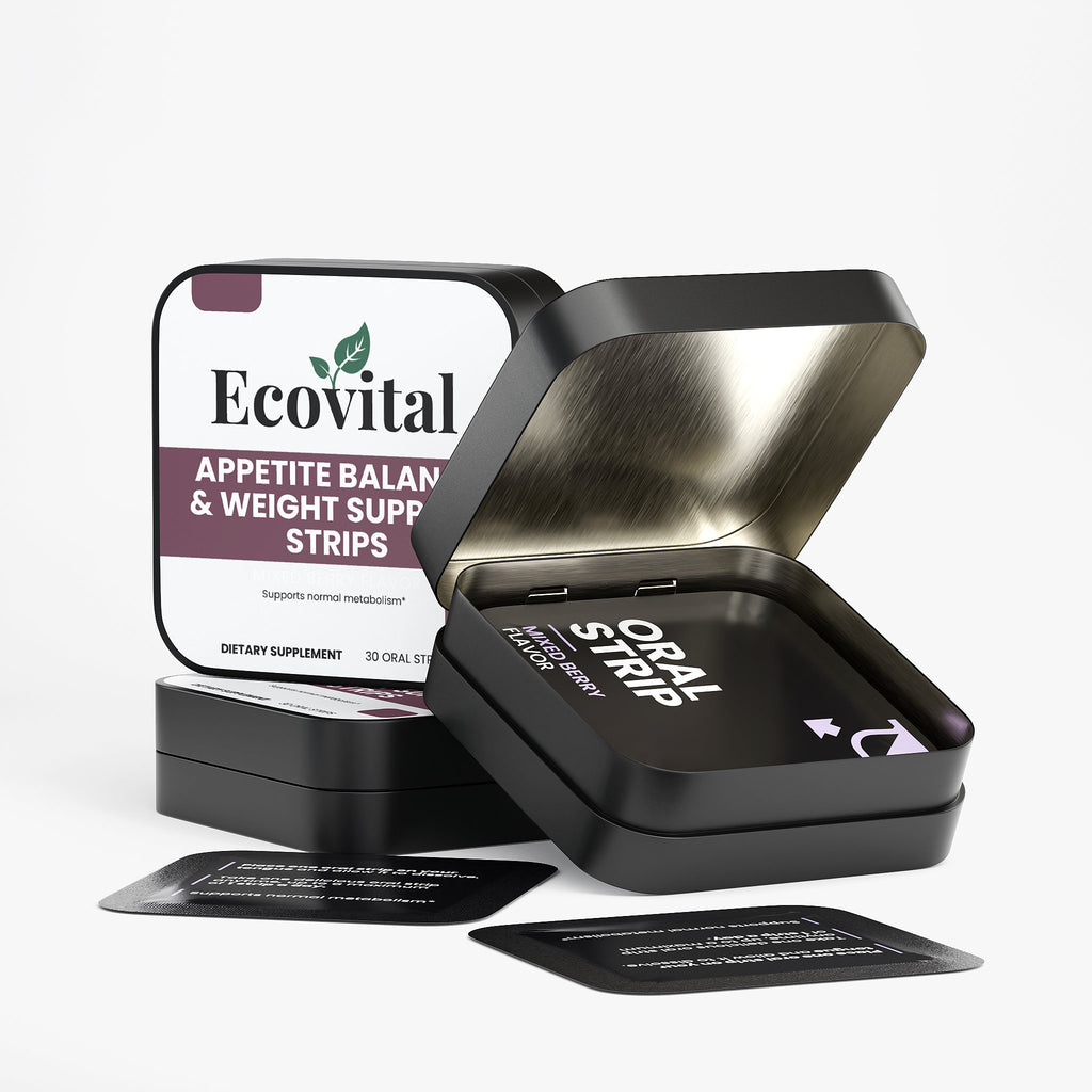 Ecovital appetite balance and weight support strips packaging with a black container on a white background