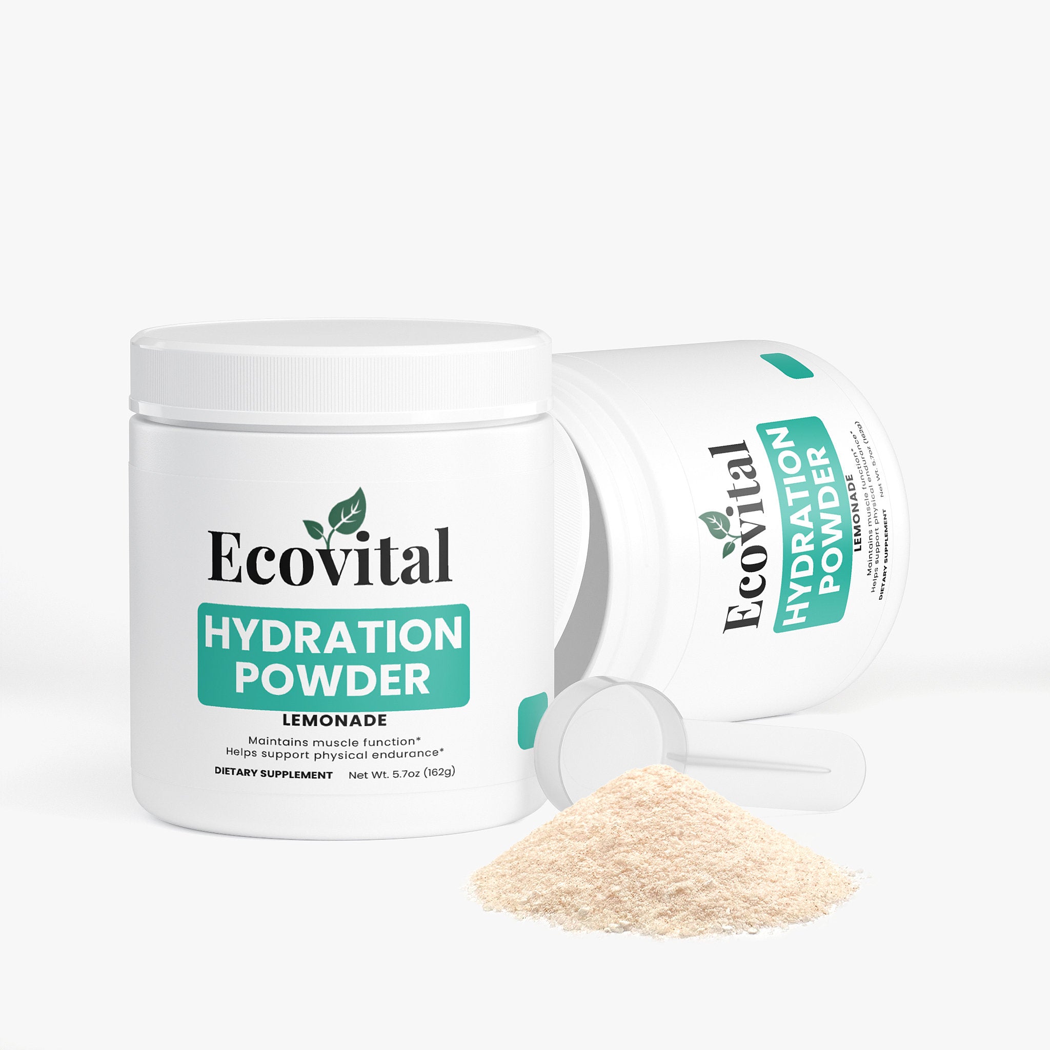 Ecovital Hydration Powder container with scoop on a white background