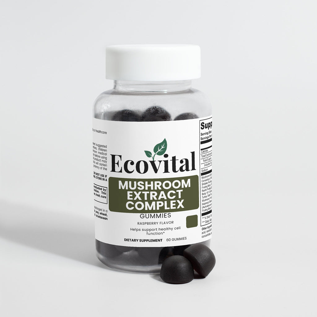 Bottle of Ecovital Mushroom Extract Complex Gummies on a light gray background