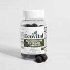 Bottle of Ecovital Mushroom Extract Complex Gummies on a light gray background