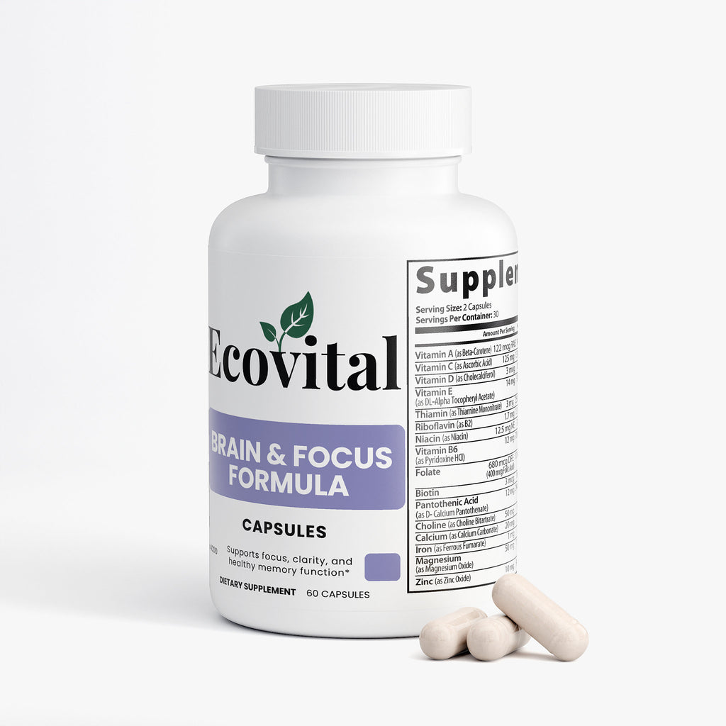 Supplement bottle labeled 'Ecovital Brain & Focus Formula' on a white background