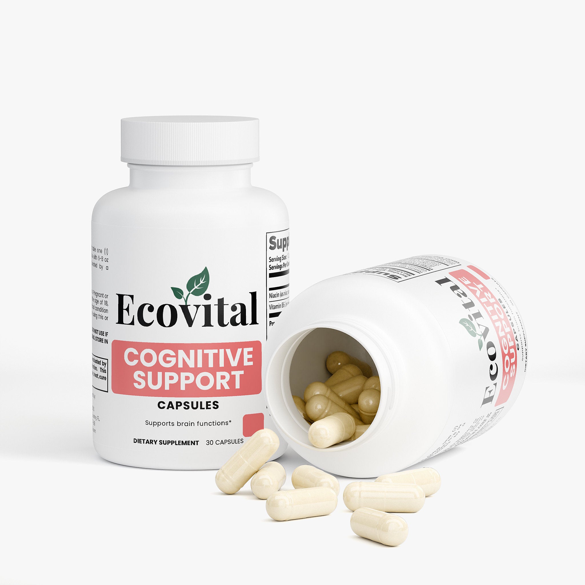 Ecovital Cognitive Support capsules with open bottle on a white background