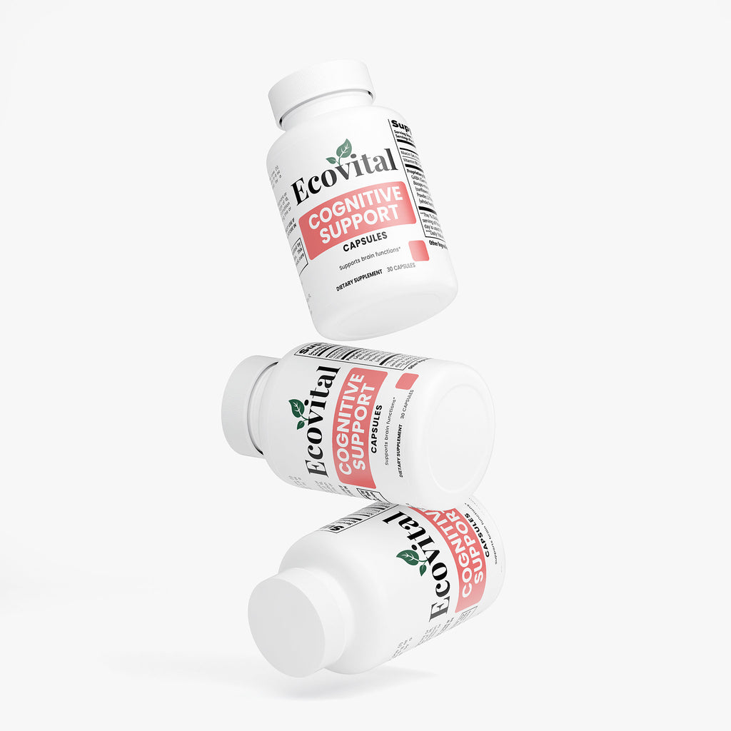 Three bottles of EcoVital Cognitive Support capsules on a white background