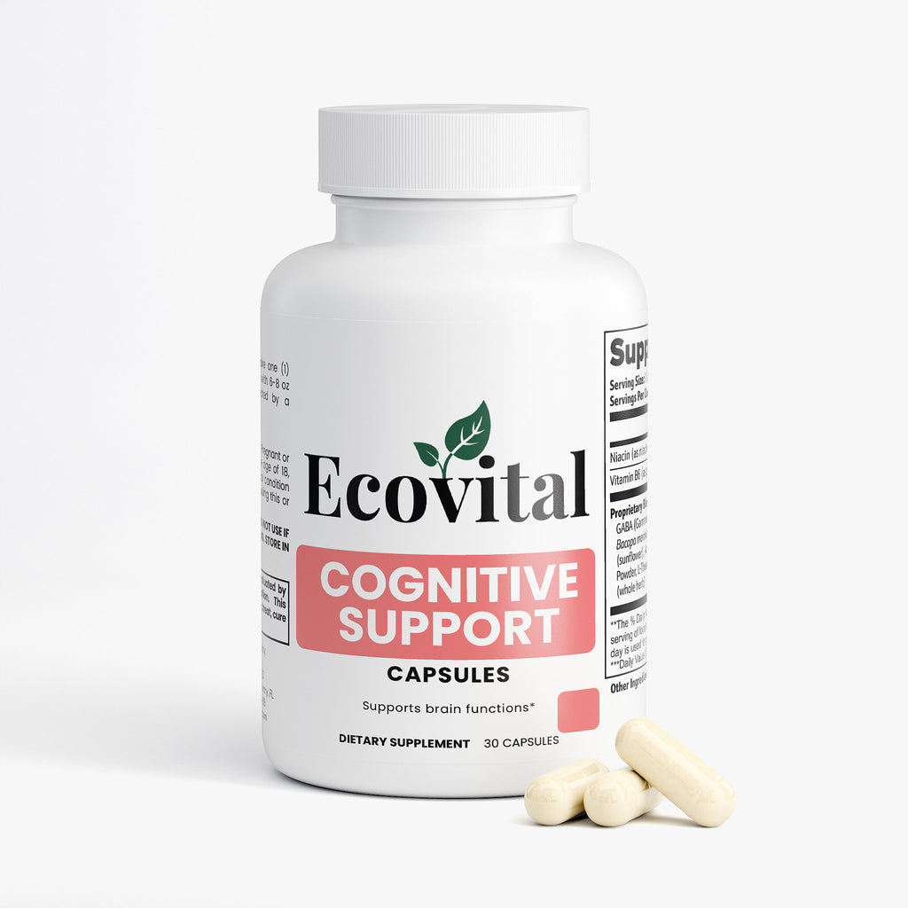 Ecovital Cognitive Support capsules bottle with two capsules on a white background