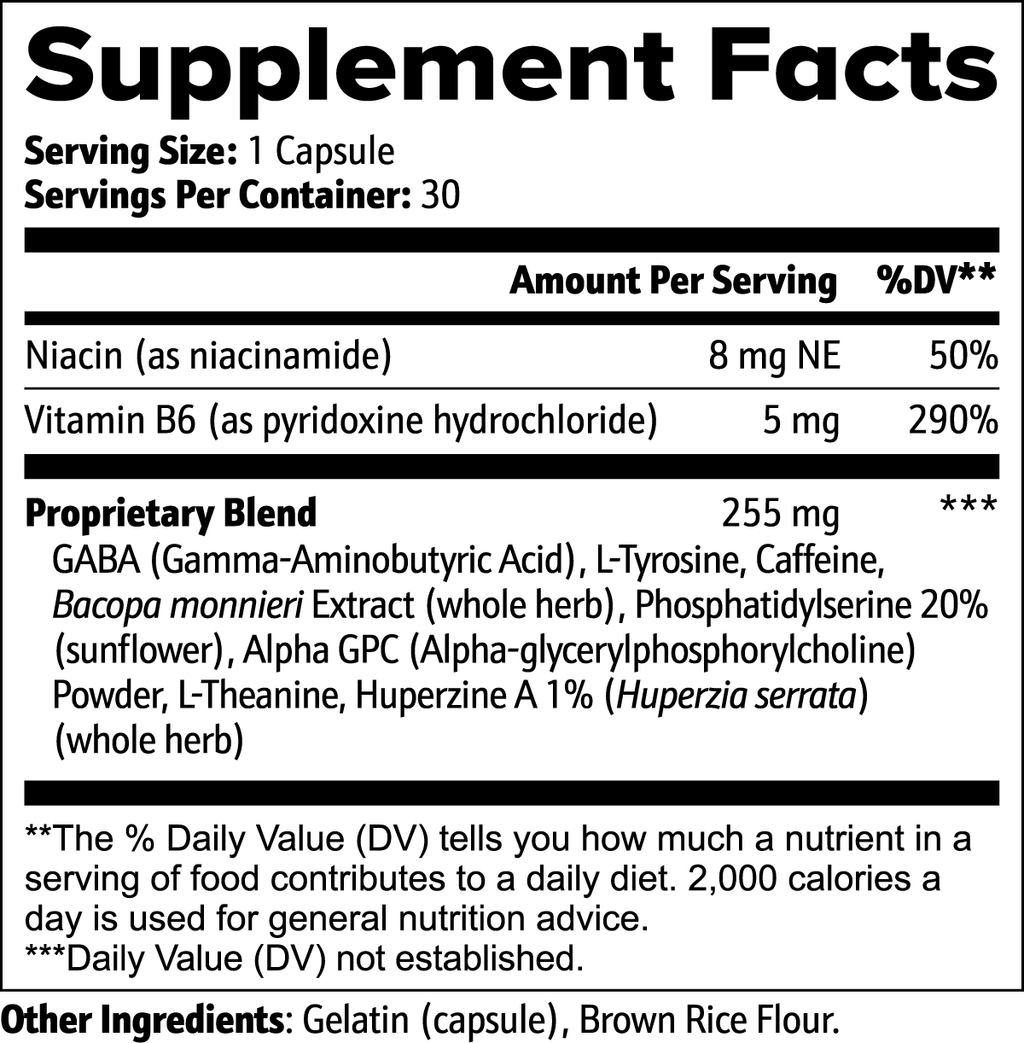 Supplement facts label with detailed nutritional information on a white background