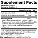 Supplement facts label with detailed nutritional information on a white background