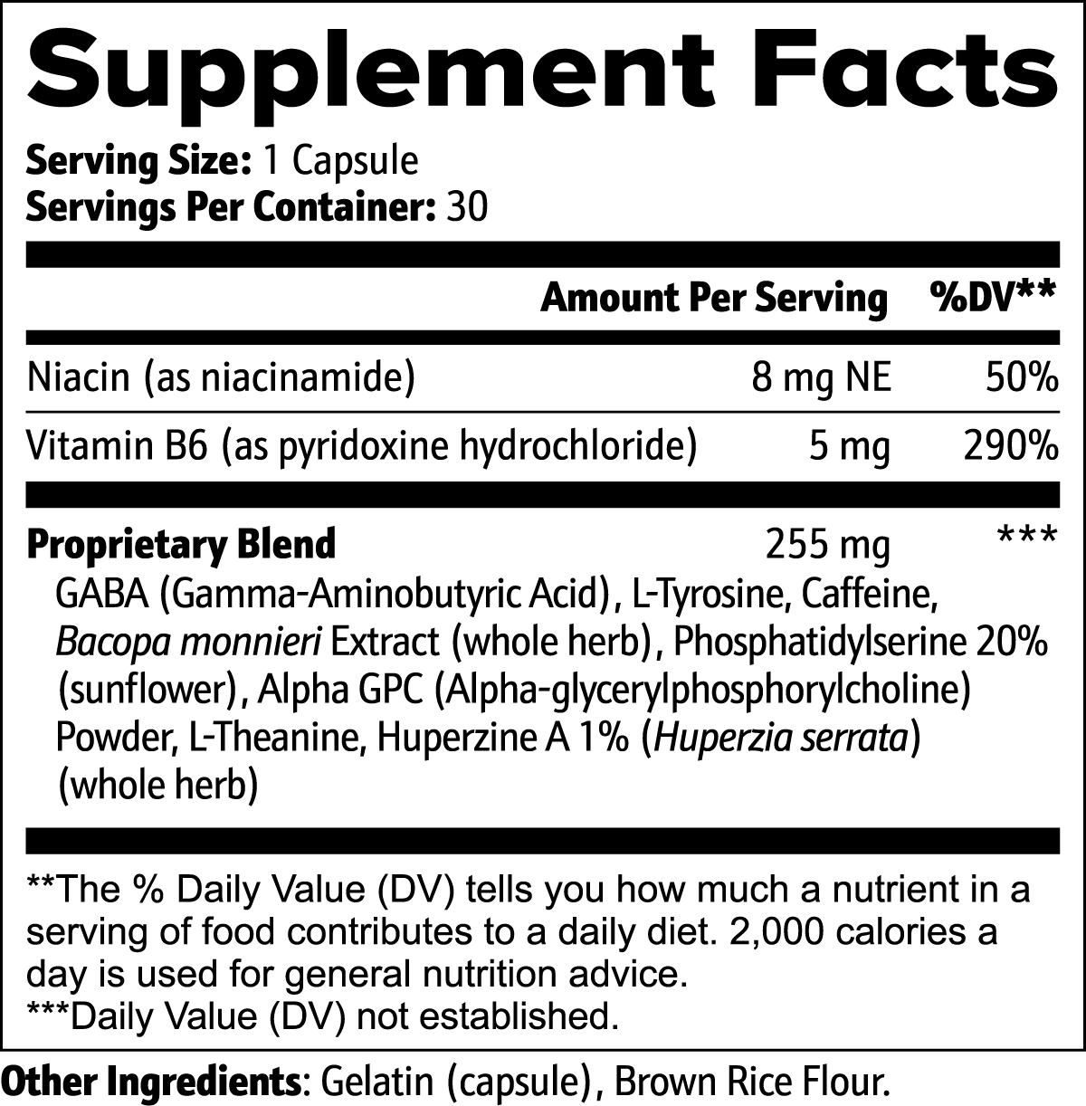Supplement facts label with detailed nutritional information on a white background