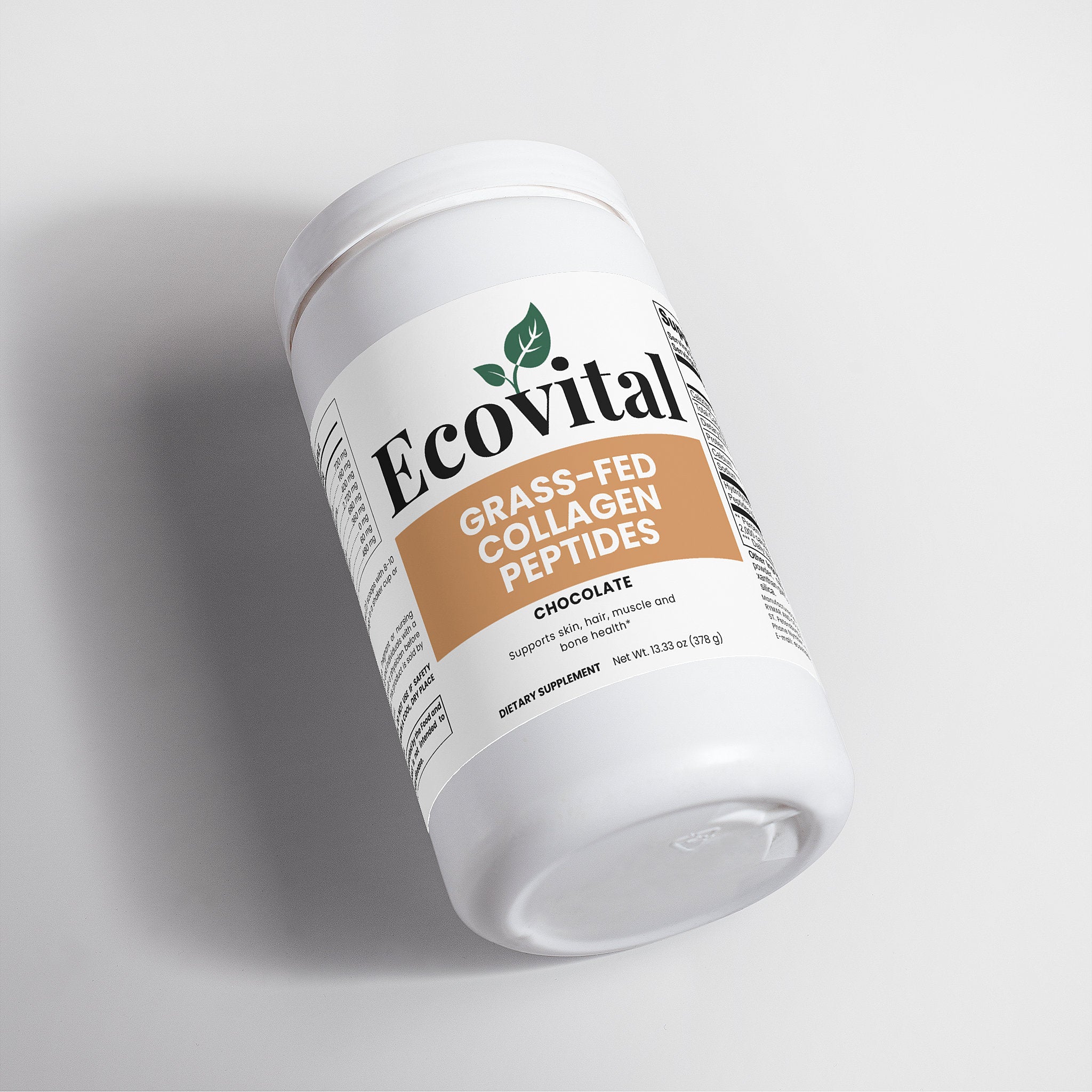 Container of Ecovital grass-fed collagen peptides on a white background