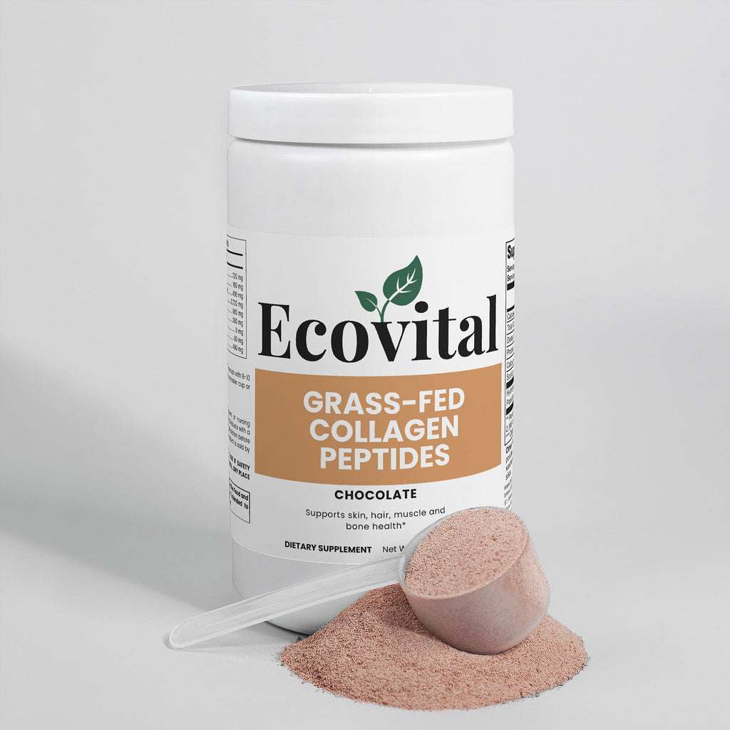 Ecovital grass-fed collagen peptides container with a scoop of powder on a light gray background