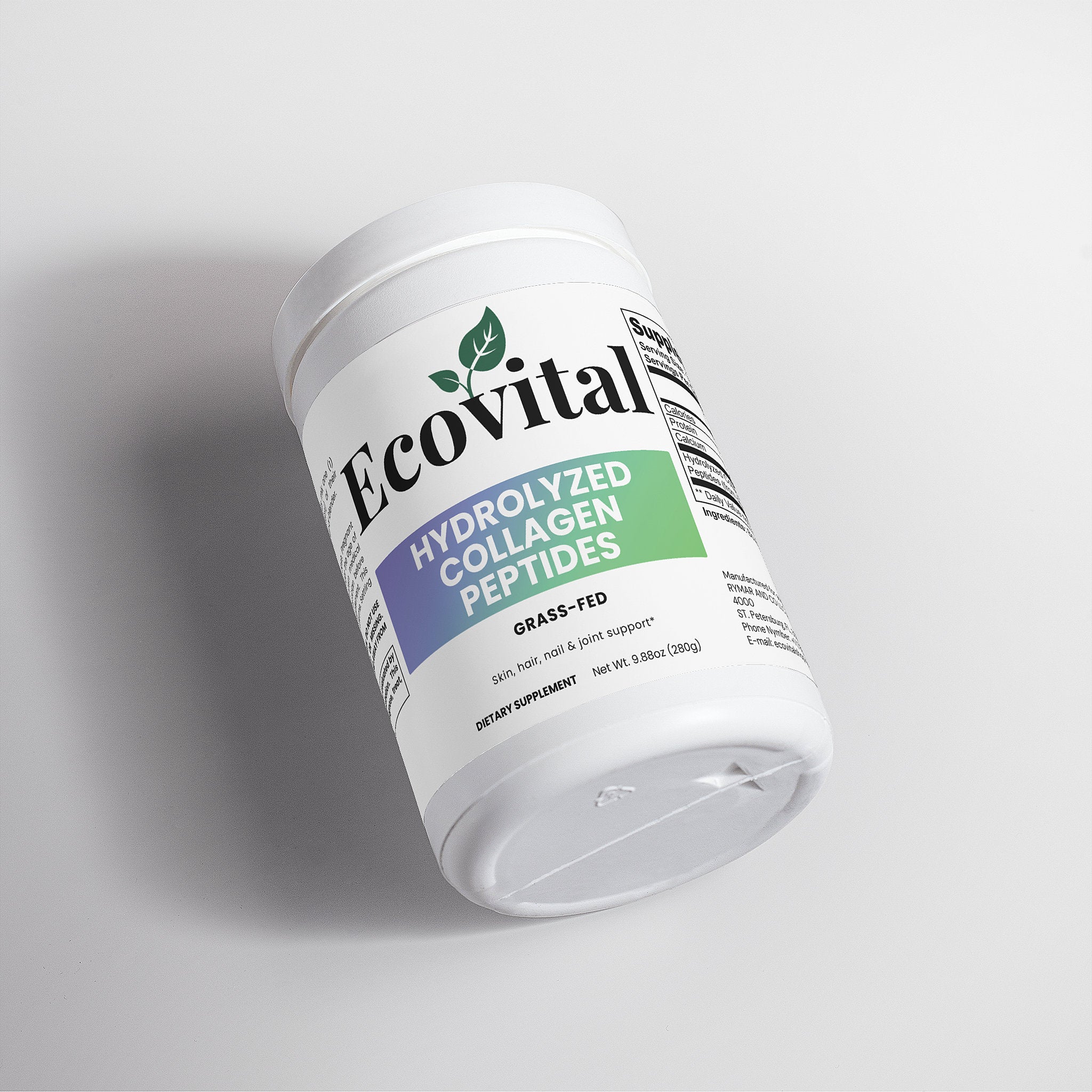 Container of Ecovital hydrolyzed collagen peptides on a light gray background