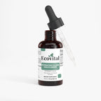 Bottle of Ecovital respiratory and lung health drops with dropper on a white background