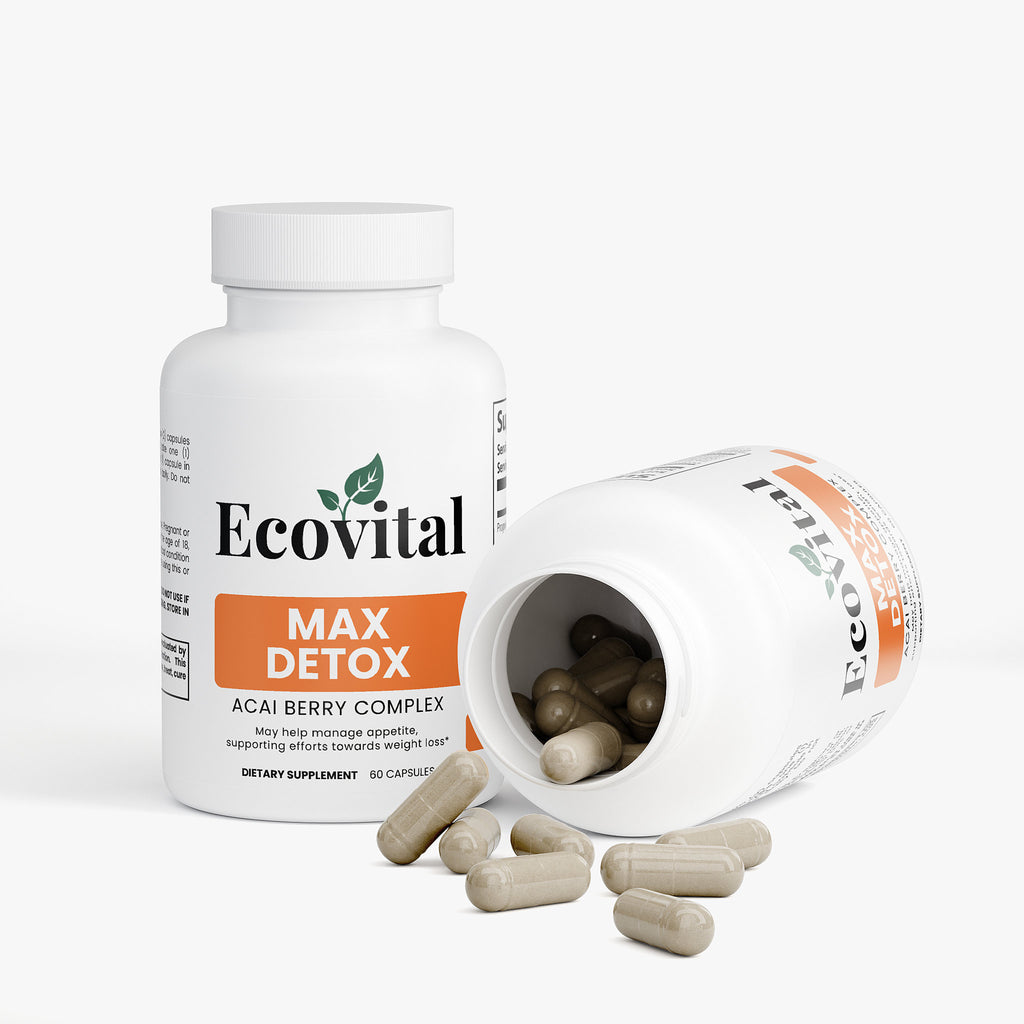 Ecovital Max Detox supplement bottle with open cap showing capsules on a white background