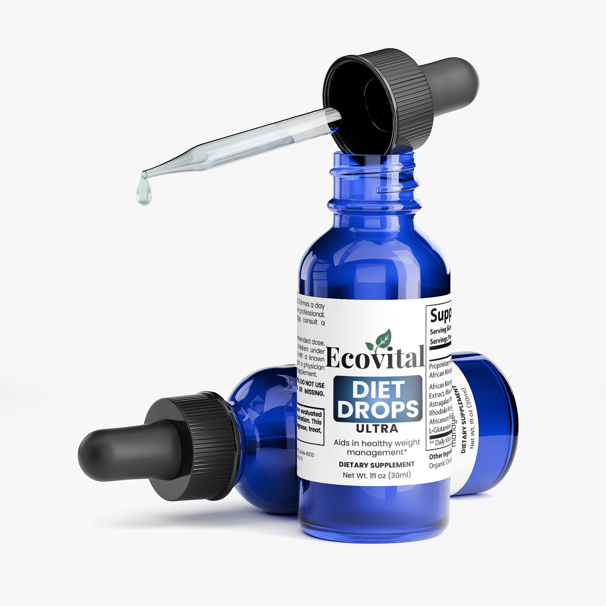 Blue bottle of Ecovital Diet Drops Ultra with dropper on a white background