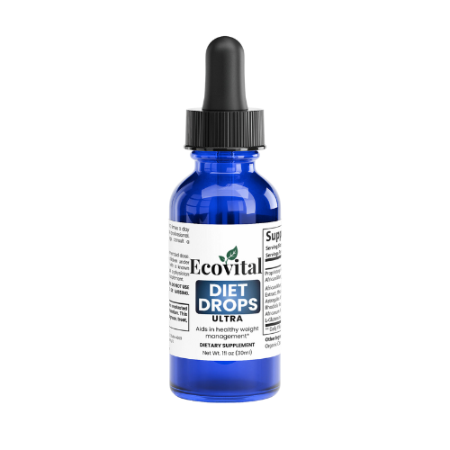 Blue bottle of Ecovital Diet Drops Ultra on a white background