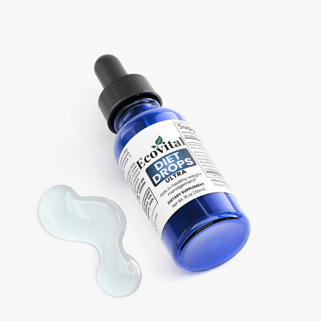 Blue bottle of Ecovital Diet Drops Ultra with a dropper on a white background