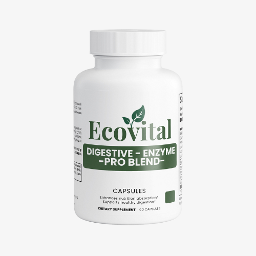 Ecovital digestive enzyme supplement bottle on a white background