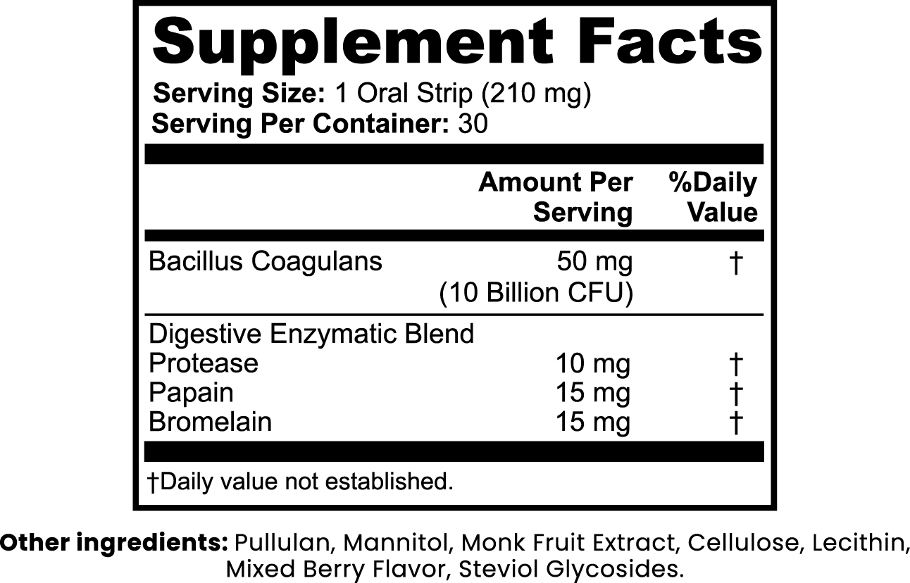 Supplement facts label with ingredients and nutritional information on a white background