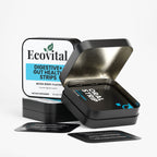 Ecovital digestive and gut health strips packaging with black container and white label.