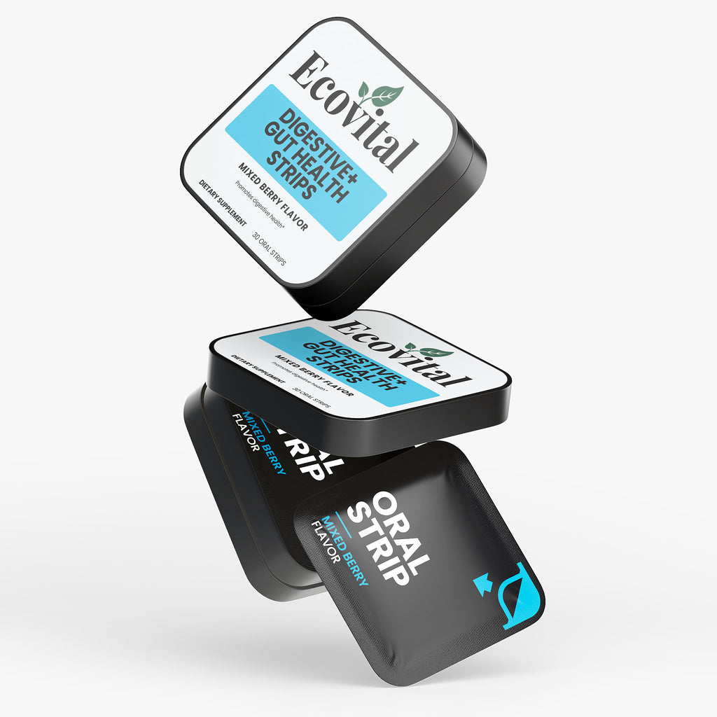 Ecovital digestive gut health oral strips packaging on a white background