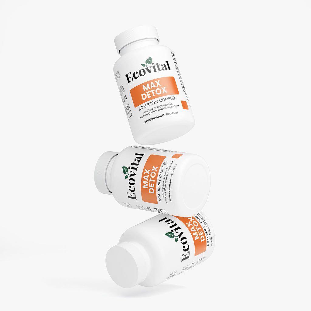 Three bottles of Ecovital Max Detox on a white background