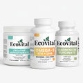 A centered, premium studio shot of the Ecovital Elite Performance and Recovery System bundle, featuring three white supplement containers—Creatine Monohydrate, Omega-3, and Magnesium Glycinate—arranged cleanly together on a seamless solid light gray background with soft shadows.