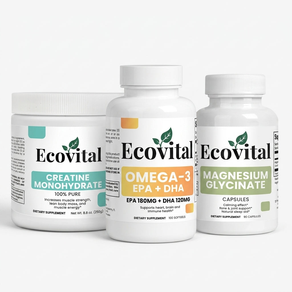 A centered, premium studio shot of the Ecovital Elite Performance and Recovery System bundle, featuring three white supplement containers—Creatine Monohydrate, Omega-3, and Magnesium Glycinate—arranged cleanly together on a seamless solid light gray background with soft shadows.