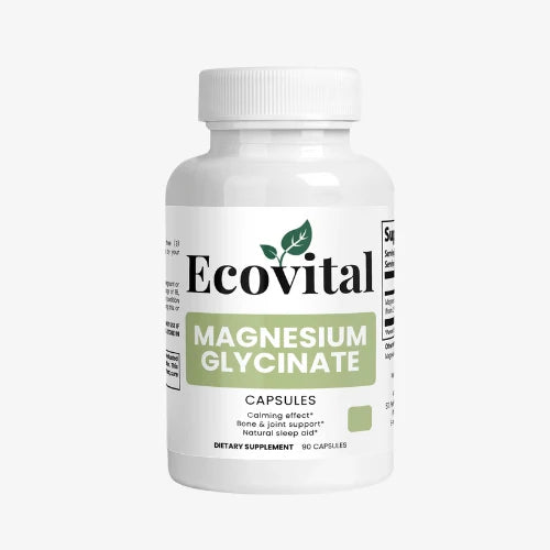 Professional commercial studio photograph of the Ecovital Magnesium Glycinate capsule bottle, showcasing its clean branding and focus on sleep and stress support, isolated on a light gray background.