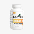High-resolution product shot of the Ecovital Omega-3 supplement bottle, clearly showing the 180mg EPA and 120mg DHA concentration on its clean, premium label against a minimalist light background.