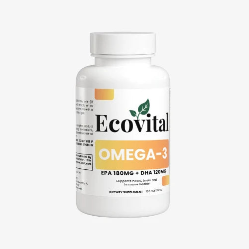 High-resolution product shot of the Ecovital Omega-3 supplement bottle, clearly showing the 180mg EPA and 120mg DHA concentration on its clean, premium label against a minimalist light background.