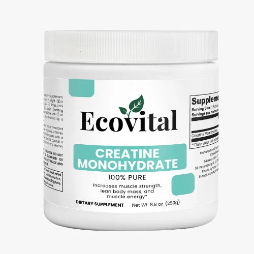 Front view of the Ecovital Creatine Monohydrate wide white jar, displaying clean black and green minimal typography on the label, highlighting muscle building, strength, and gym performance support on a solid studio background.