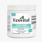 Front view of the Ecovital Creatine Monohydrate wide white jar, displaying clean black and green minimal typography on the label, highlighting muscle building, strength, and gym performance support on a solid studio background.