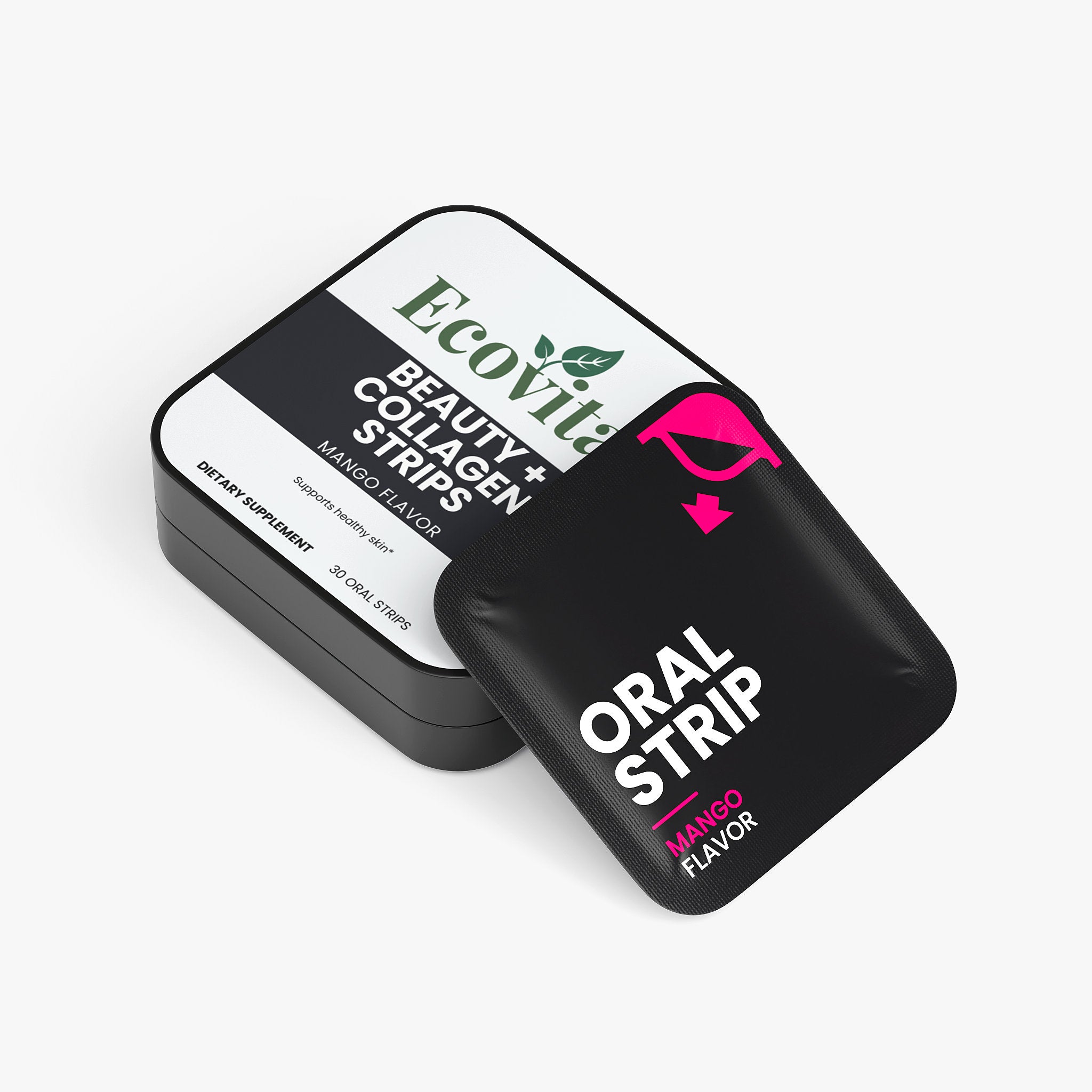Black tin box with 'Ecovits' branding for beauty collagen oral strips on a white background