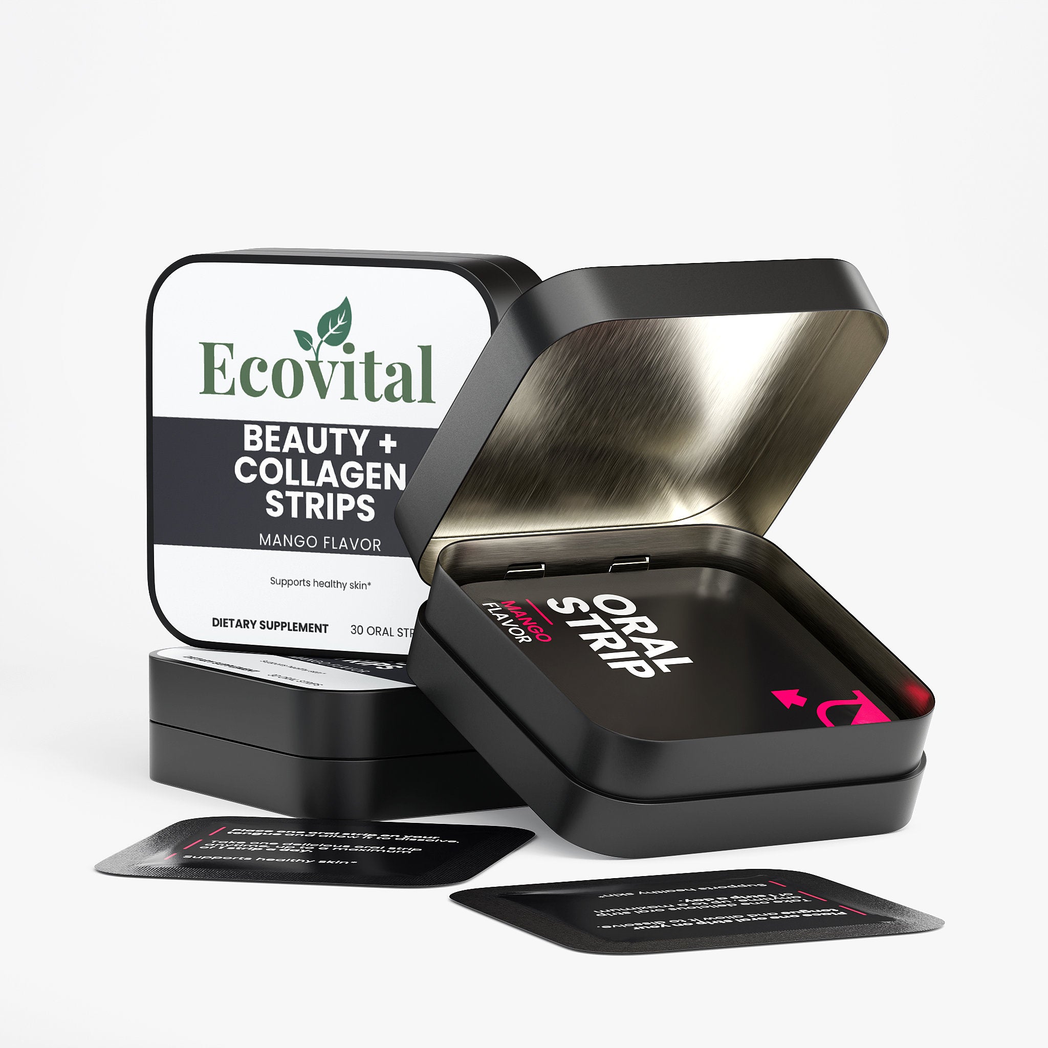 Ecovital beauty and collagen strips packaging with open container on a white background