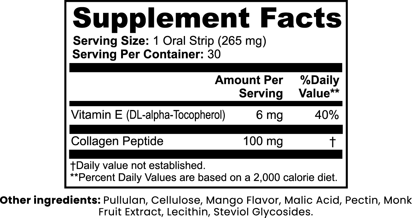 Supplement label with vitamin E and collagen peptide content