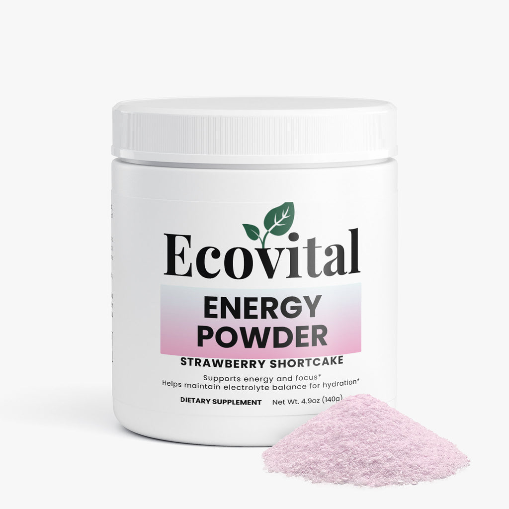 Ecovital Energy Powder container with pink powder on a white background