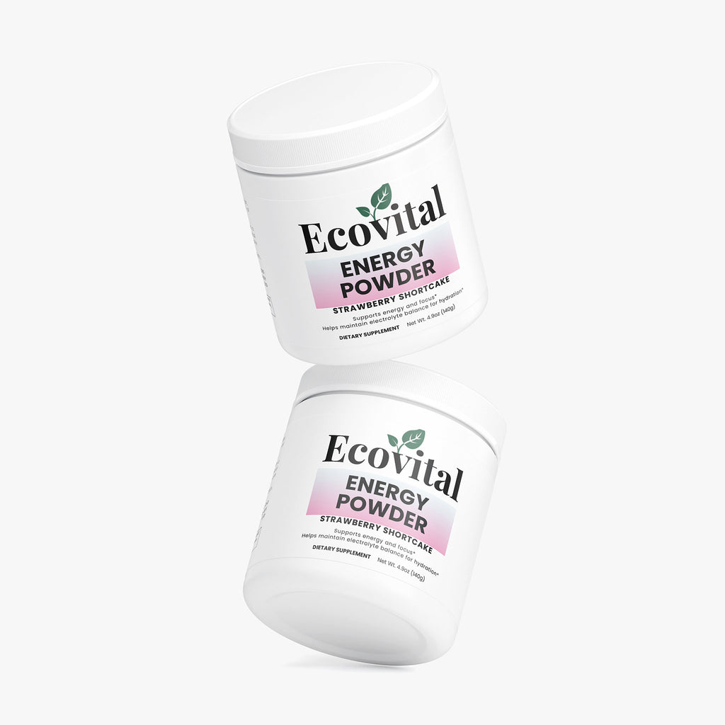 Two containers of Ecovital Energy Powder on a white background