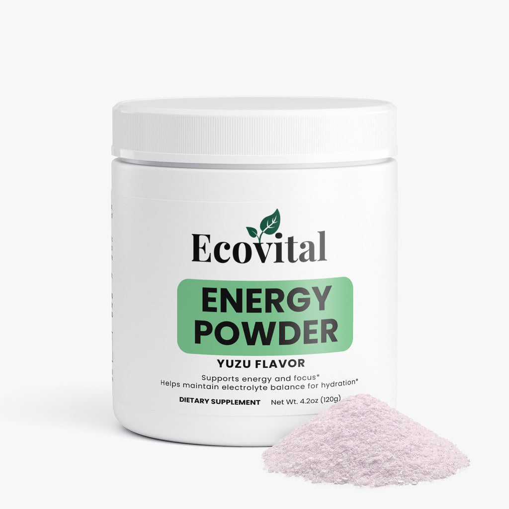 Ecovital Energy Powder container with yuzu flavor on a white background