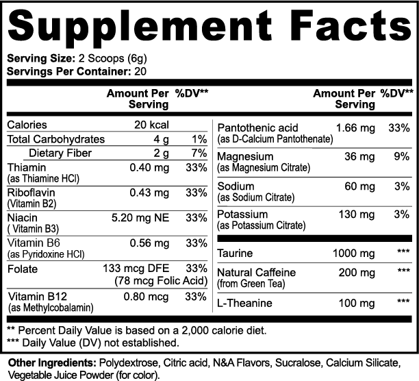 Supplement facts label with detailed nutritional information