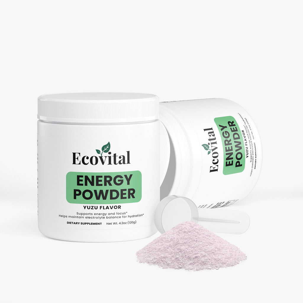 Ecovital Energy Powder container with a scoop of pink powder on a white background
