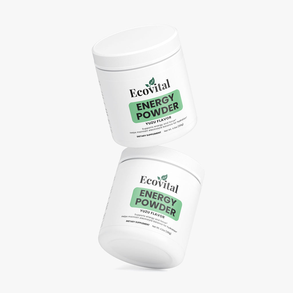 Two containers of Ecovital Energy Powder on a white background