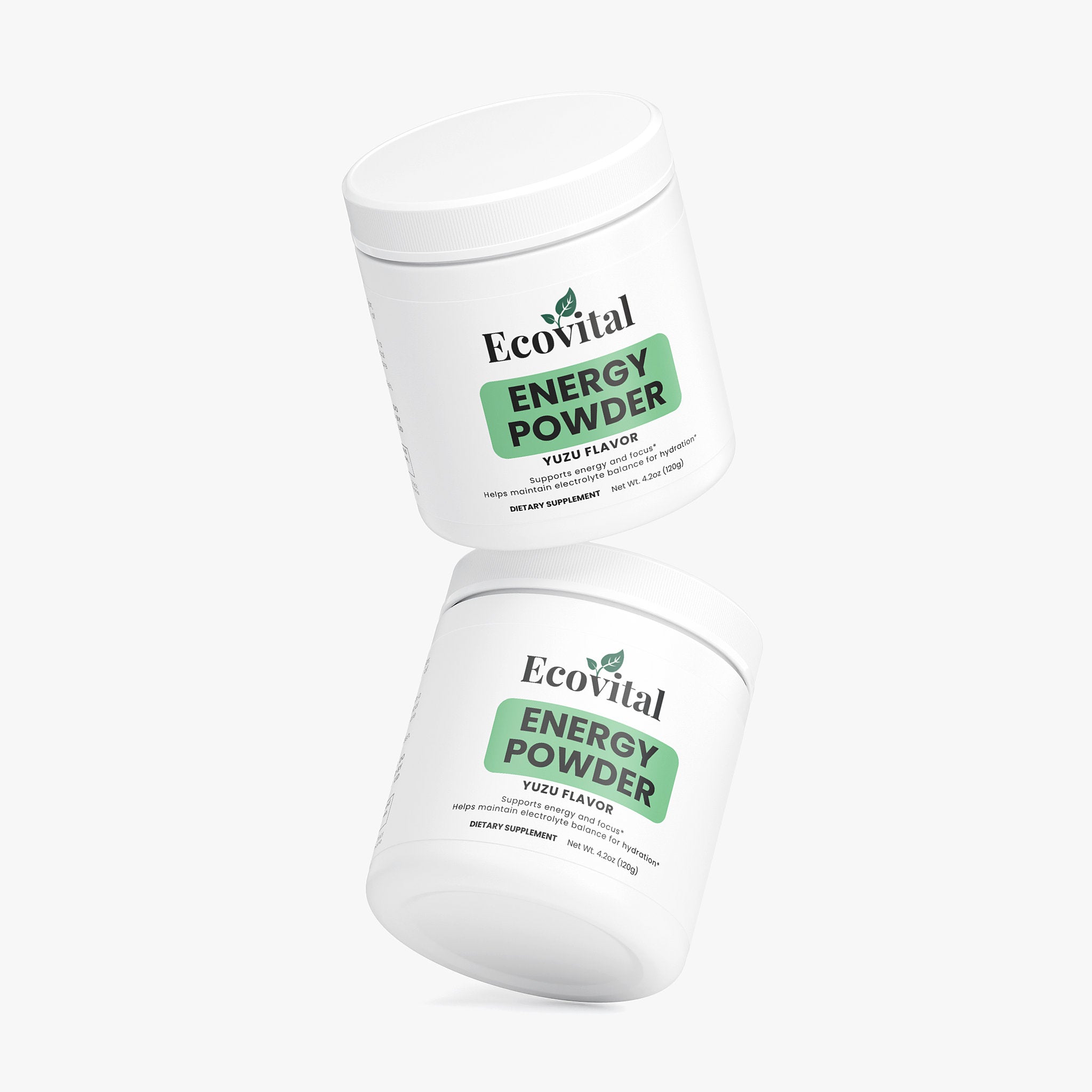 Two containers of Ecovital Energy Powder on a white background
