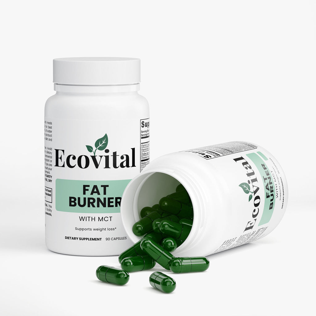 Ecovital Fat Burner supplement bottle with green capsules on a white background