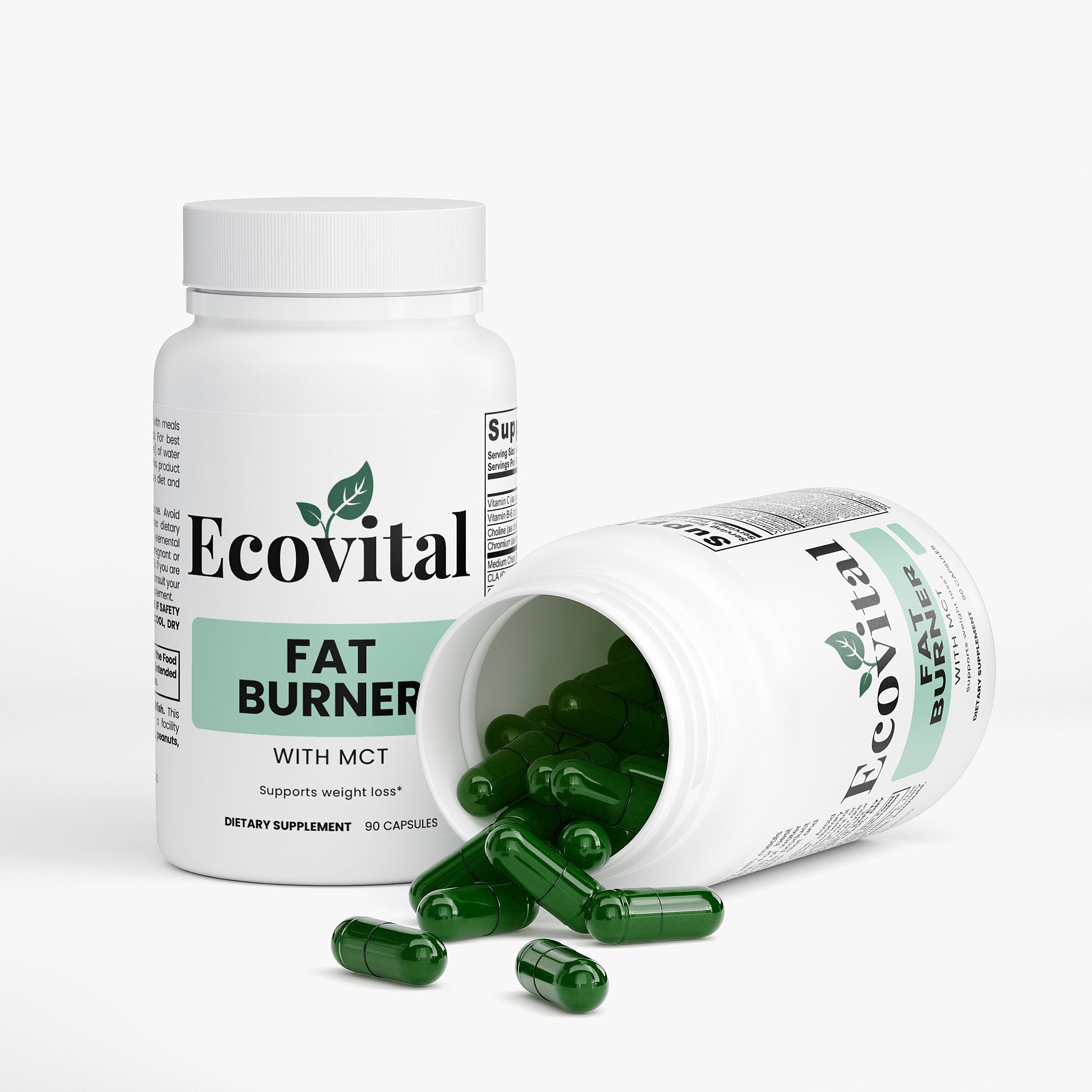 Ecovital Fat Burner supplement bottle with green capsules on a white background