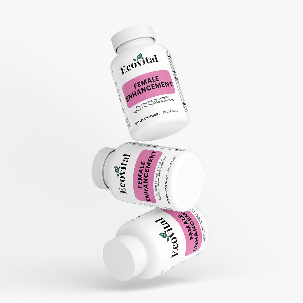 Three bottles of Ecovital Female Enhancement supplement on a white background