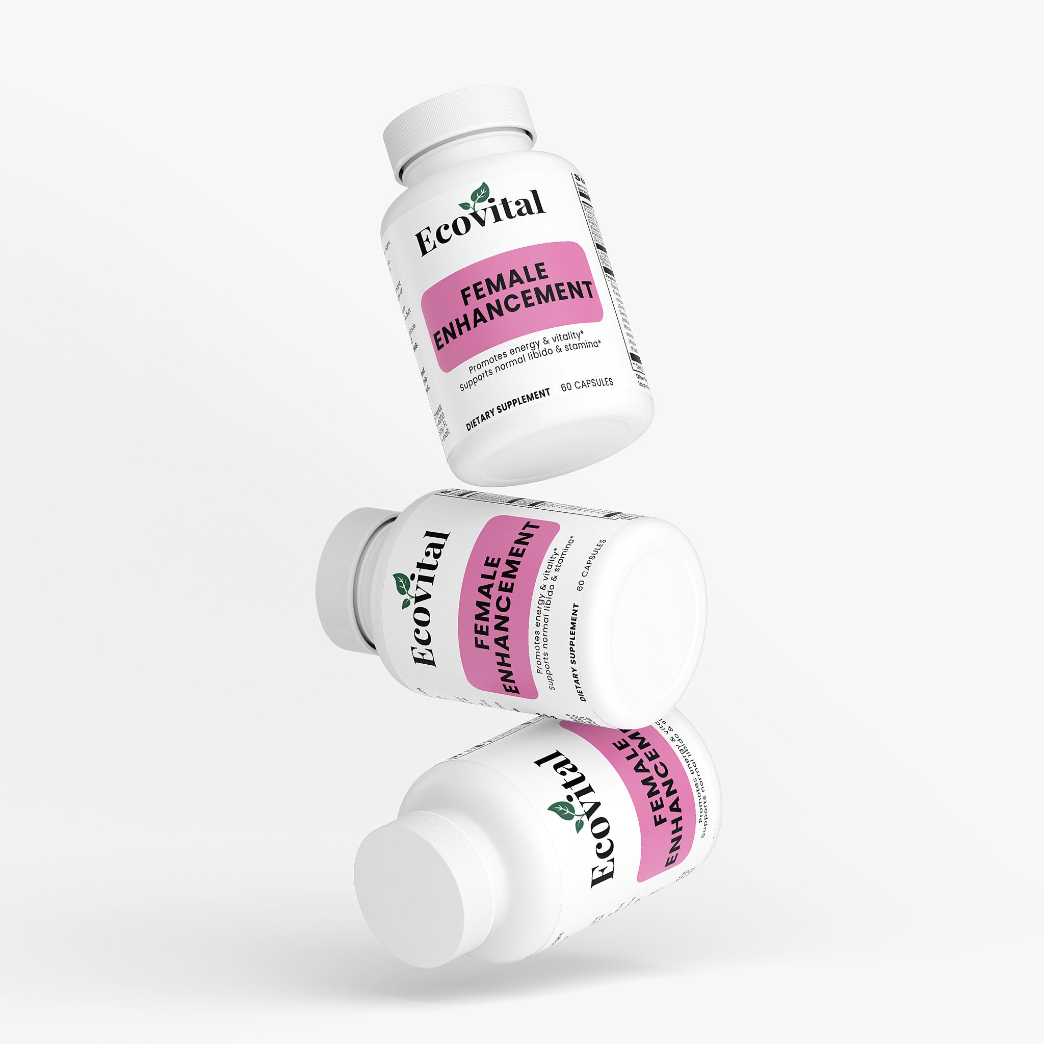 Three bottles of Ecovital Female Enhancement supplement on a white background