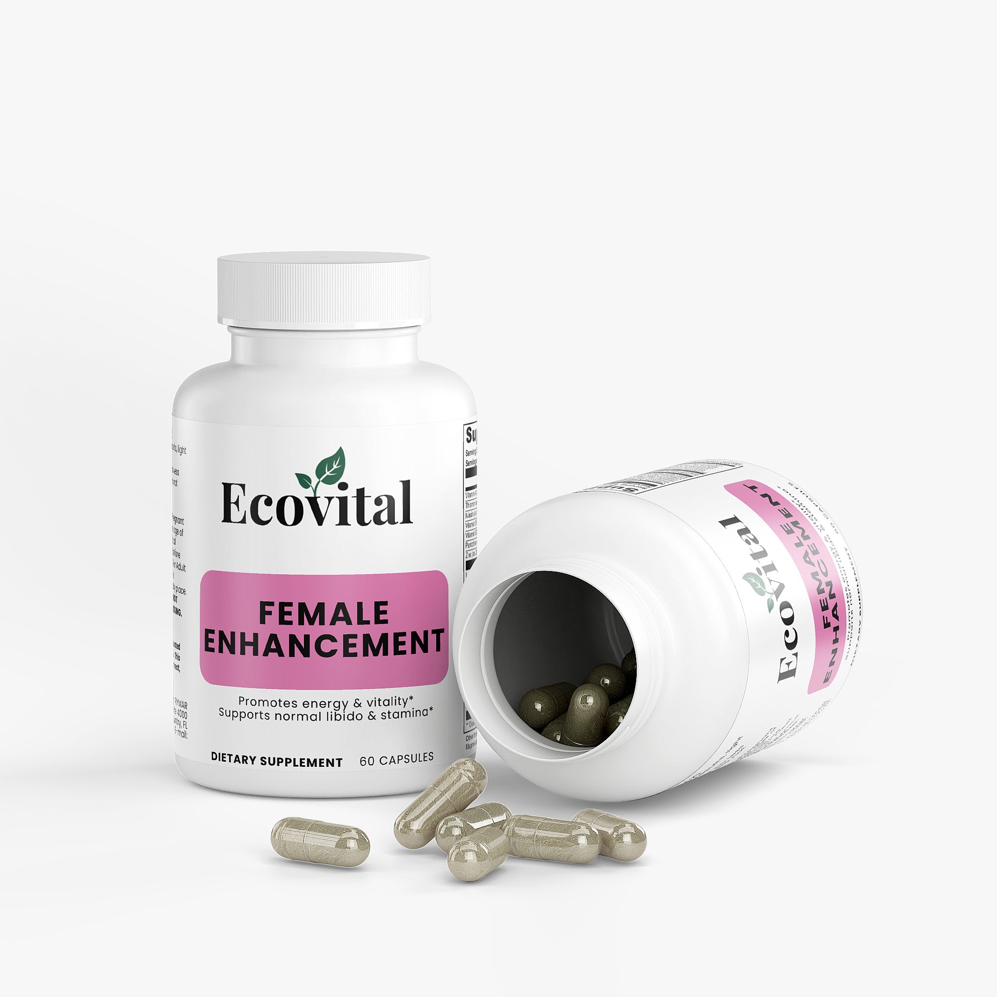 Ecovital female enhancement supplement bottle with open cap on a white background